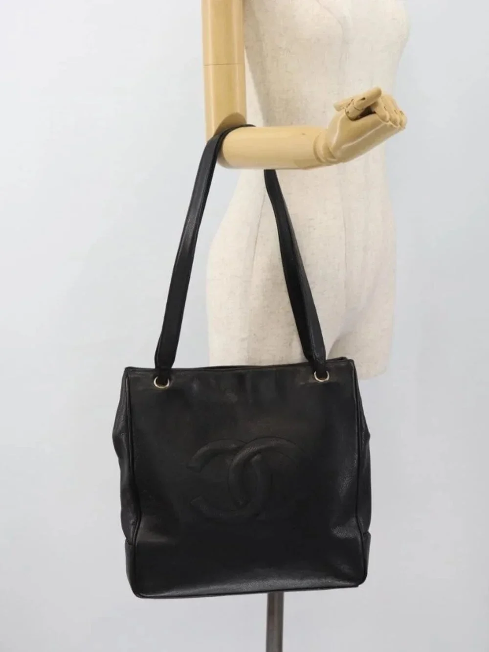 CHANEL COCO Mark Tote Bag Grained Calf Skin Black Gold CC Auth bs20388